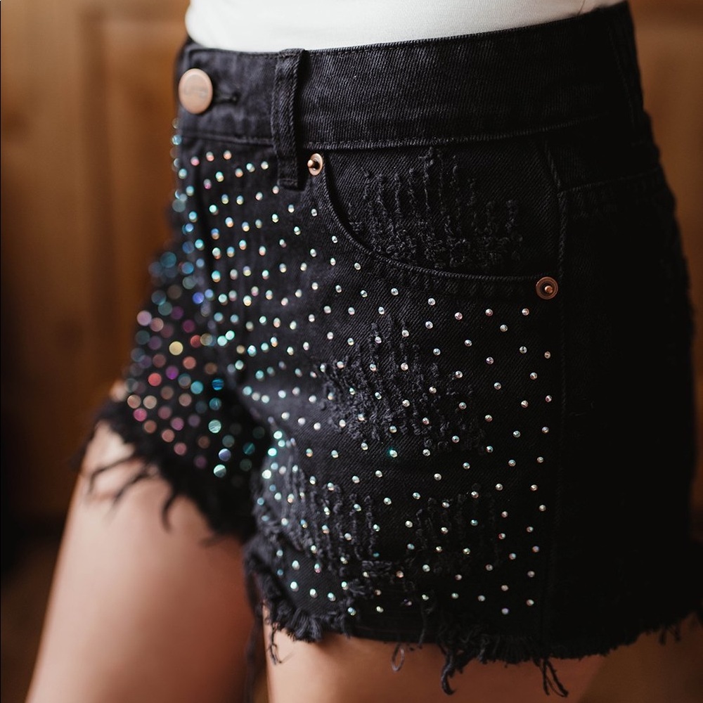 Black Embellished Distressed Denim Shorts